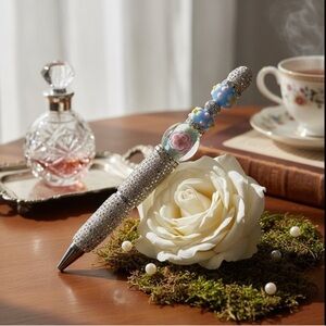 Handcrafted Lampwork Glass Beaded Pen with Silver Accents
